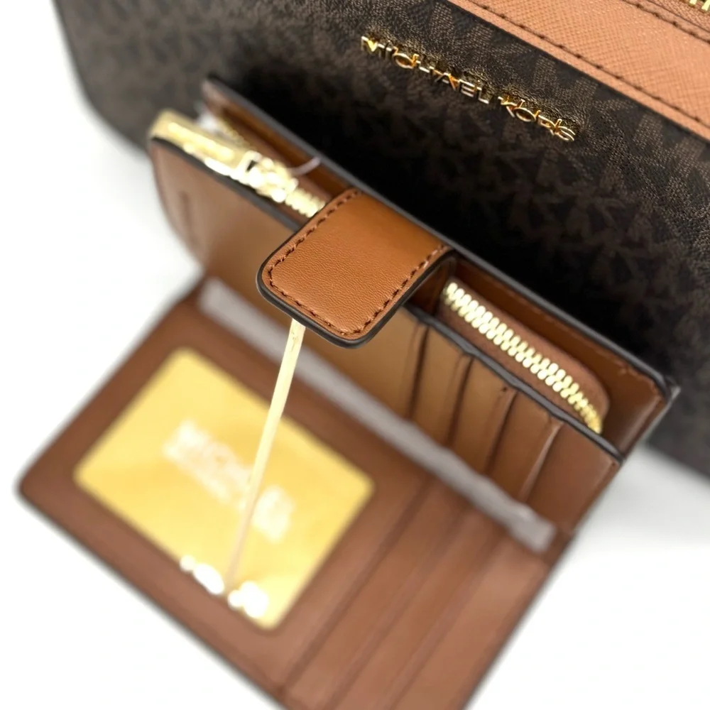 Michael Kors LG EW Crossbody Bag & Zip Chain Bifold Wallet Matching Set Brown